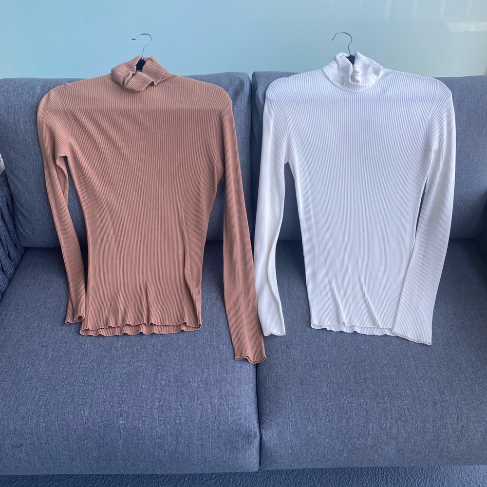 Fitted Turtleneck Sweaters in Tan and Cream